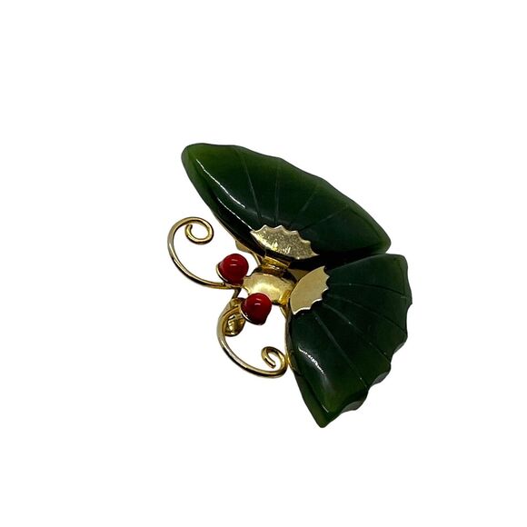 Butterfly Brooch Pin Coral Eyes 1960s Vintage Nephrite Jade Retro Gold Tone - Picture 2 of 15